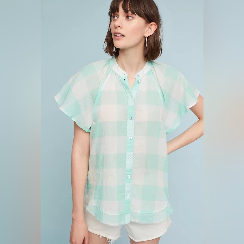 Anthropologie Maeve plaid flutter sleeve blouse size xs